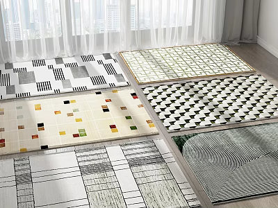 Square Rugs with Various Geometric Patterns Including Colorful Squares and Black White Stripes 3d model