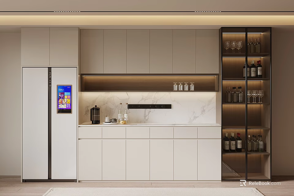Modern Kitchen With Glass Door Wine Cabinet Displaying Wine Bottles And Glassware 3d model 