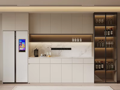 Modern Kitchen With Glass Door Wine Cabinet Displaying Wine Bottles And Glassware 3d model
