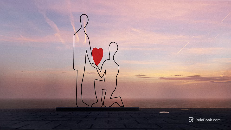 Silhouette Sculpture Featuring Kneeling Figure Holding Red Heart And Standing Person Against Sunset Sky Ocean 3d model 