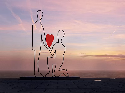 Silhouette Sculpture Featuring Kneeling Figure Holding Red Heart And Standing Person Against Sunset Sky Ocean 3d model