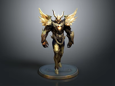 Detailed Dark Armor Statue With Golden Wings And Horns On Round Base 3d model