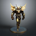 Detailed Dark Armor Statue With Golden Wings And Horns On Round Base