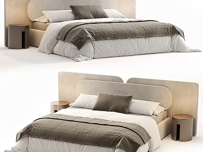 Modern Minimalist Double Bed With Upholstered Headboard Soft Pillows Cozy Bedspread And Nightstands 3d model