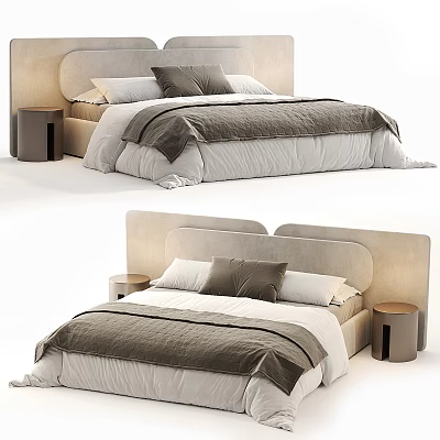 Modern Minimalist Double Bed With Upholstered Headboard Soft Pillows Cozy Bedspread And Nightstands 3d model