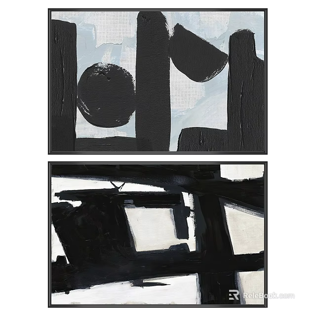 Black And White Abstract Painting With Bold Geometric Shapes Lines And Textured Details 3d model 