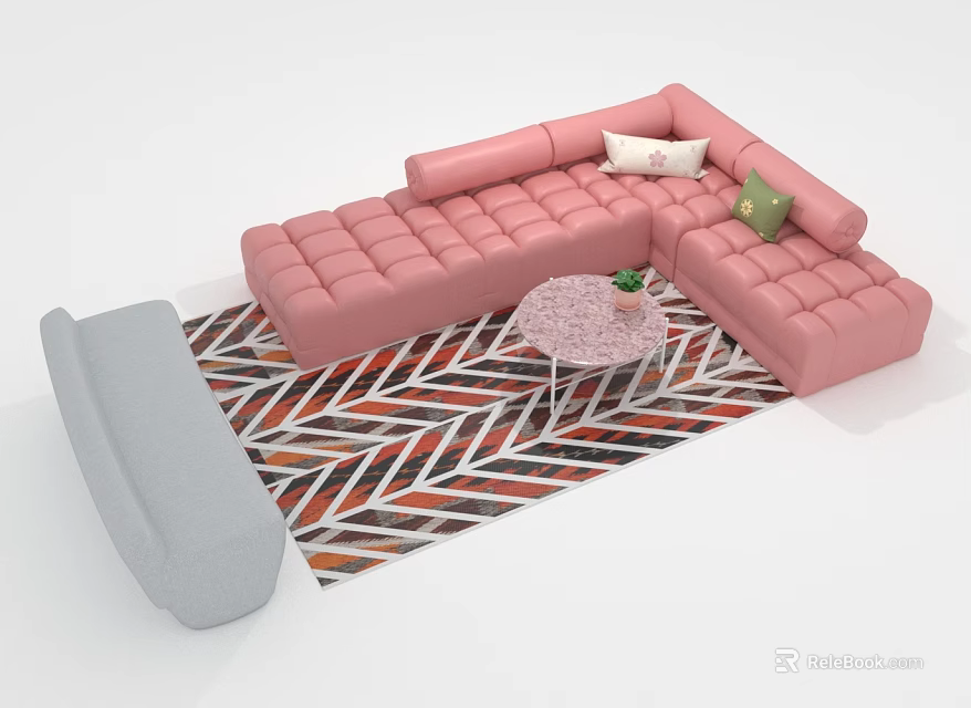 Pink L shaped Sofa With Cushions Round Coffee Table On Geometric Pattern Rug 3d model 