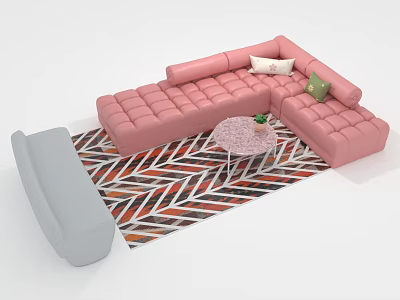 Pink L shaped Sofa With Cushions Round Coffee Table On Geometric Pattern Rug 3d model