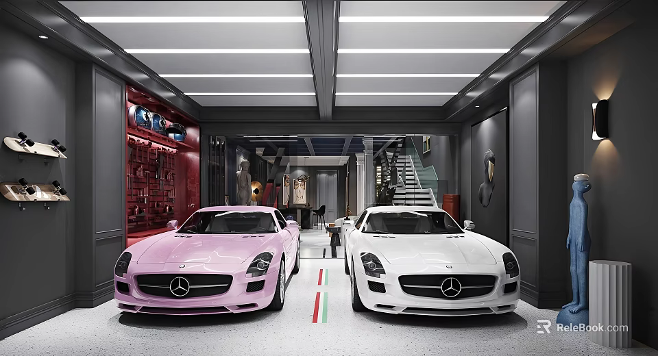 Modern Garage Interior With Pink And White Mercedes Sports Cars And Stylish Lighting 3d model 