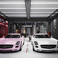 Modern Garage Interior With Pink And White Mercedes Sports Cars And Stylish Lighting