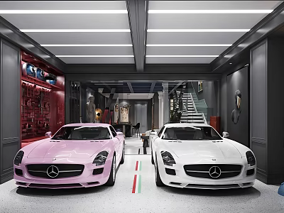 Modern Garage Interior With Pink And White Mercedes Sports Cars And Stylish Lighting 3d model