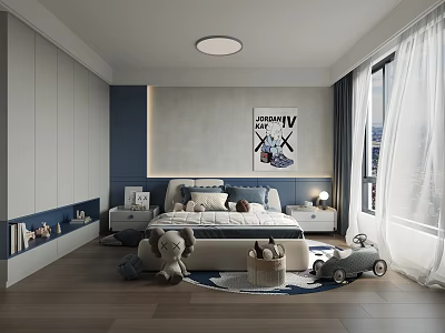 Modern Kids Room Interior With Blue Walls White Wardrobes Stuffed Toys And Toy Car 3d model