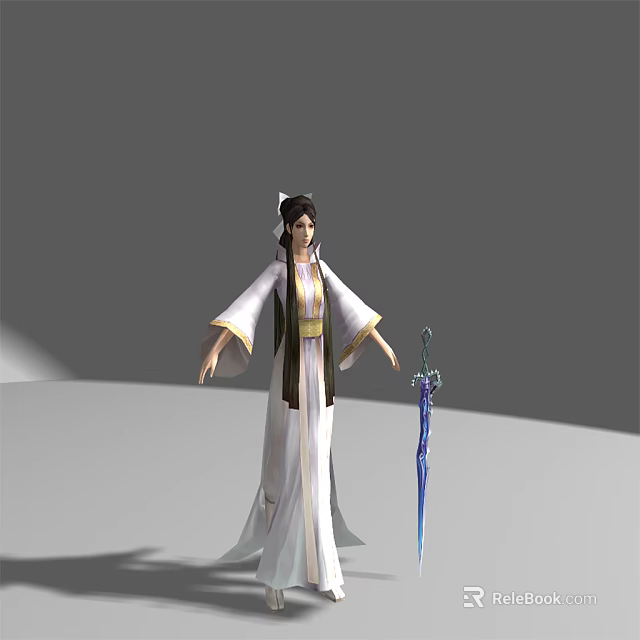 Ancient Style Female Game Movie Character In White Robe With Yellow Sash And Blue Sword 3d model 