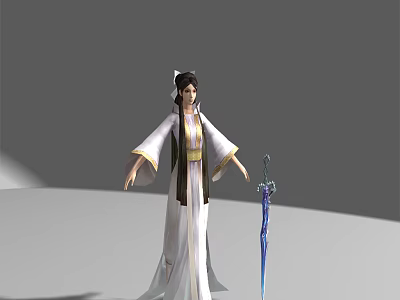 Ancient Style Female Game Movie Character In White Robe With Yellow Sash And Blue Sword 3d model