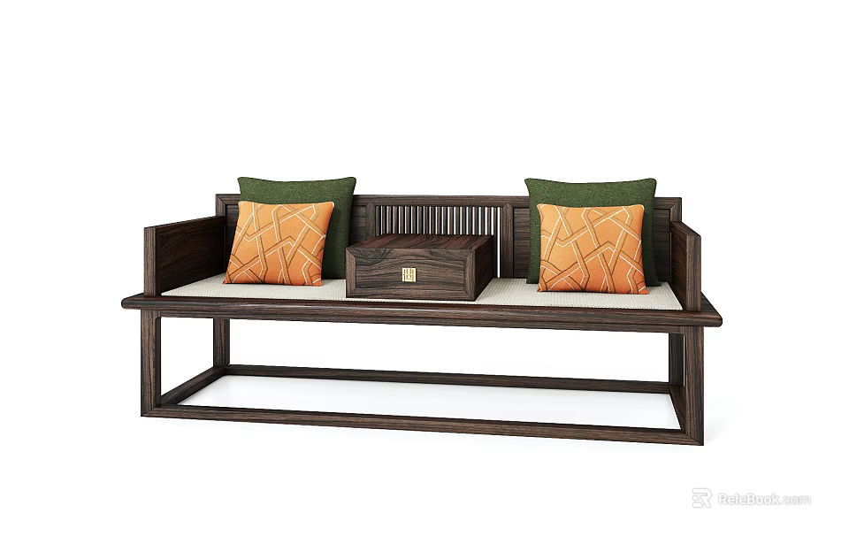 Traditional Dark Wooden Arhat Bed with Orange Green Cushions and Small Wooden Box 3d model 