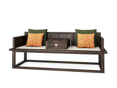 Traditional Dark Wooden Arhat Bed with Orange Green Cushions and Small Wooden Box 3d model
