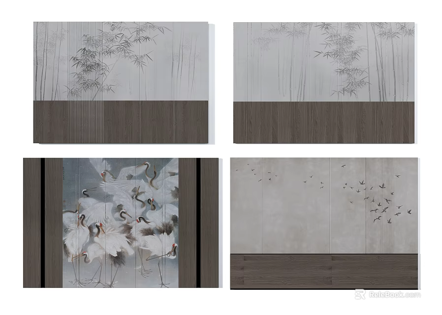 Bedroom Accent Wall With Bamboo Cranes Flying Birds And Wooden Panels Design 3d model 