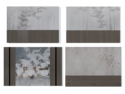 Bedroom Accent Wall With Bamboo Cranes Flying Birds And Wooden Panels Design 3d model