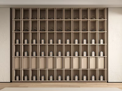 Modern Wooden Interior Display Shelves With Multiple Grid Compartments And Neatly Arranged Jars 3d model
