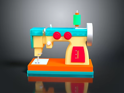 Colorful Toy Sewing Machine With Blue Yellow Body Orange Base Green Spool And Red Buttons 3d model