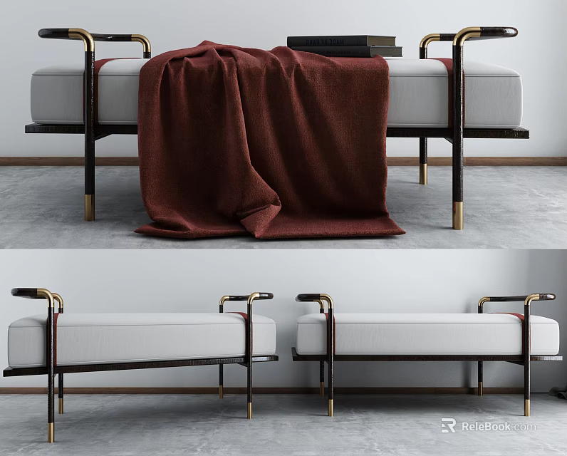 Modern Footstool With Metal Armrests Gray Cushion And Brown Throw Blanket 3d model 