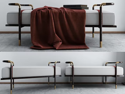 Modern Footstool With Metal Armrests Gray Cushion And Brown Throw Blanket 3d model