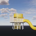 Yellow and White Playground Equipment With Cylindrical Structure Mesh Parts and Curved Tube Design