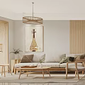 Modern Living Dining Room Interior With Marble Wall TV Stand Pendant Light And Wooden Furniture