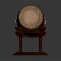 Traditional Red Musical Drum With Decorative Patterns On Leather Drumhead And Wooden Stand