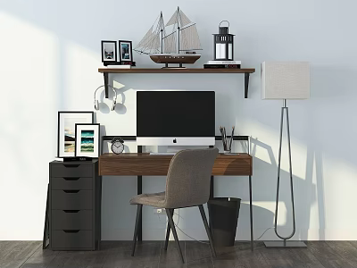 Home Office Desk With Computer Monitor Sailboat Model Photo Frames Gray Chair And Floor Lamp 3d model