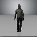 Character Wearing Gray Hoodie And Black Pants With Brown Shoulder Bag Standing Against Gray Background