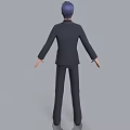 3D Model Man Wearing Suit with Blue Hair and Purple Tie Standing Against Gray Background