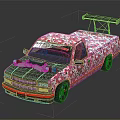 Modified Racing Truck With Pink And White Floral Pattern And Roof Spoiler