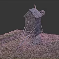 Old Wooden Windmill with Stone Pedestal on Green Grassland and Path