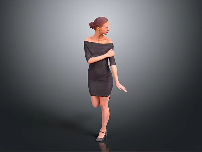 Woman In Black Off Shoulder Dress With Updo Hairstyle Posing Elegantly In High Heels 3d model
