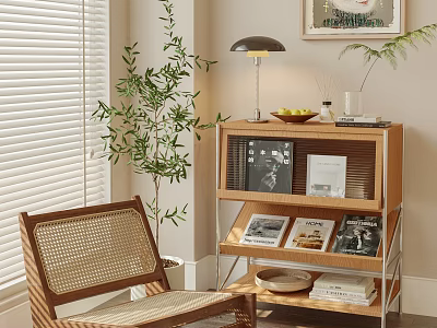 Wooden Entryway Cabinet Sideboard With Table Lamp Fruits Vase Magazines Plates And Rattan Chair 3d model