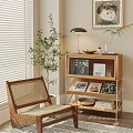 Wooden Entryway Cabinet Sideboard With Table Lamp Fruits Vase Magazines Plates And Rattan Chair