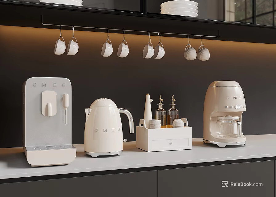 Modern Kitchen Interior With White Countertop Appliances Black Cabinets And Hanging Mugs 3d model 