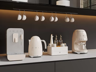 Modern Kitchen Interior With White Countertop Appliances Black Cabinets And Hanging Mugs 3d model