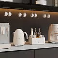 Modern Kitchen Interior With White Countertop Appliances Black Cabinets And Hanging Mugs