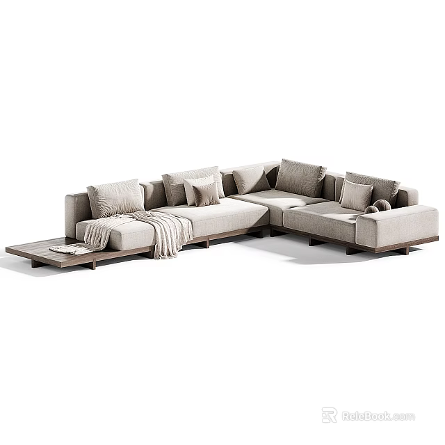 Modern Beige Sectional Sofa With Multiple Cushions Ottoman Tray And Throw Blanket 3d model