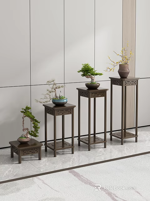 Carved Wooden Plant Stands of Various Heights Display Bonsai Plants Against Light Wall and Floor 3d model 
