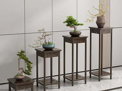 Carved Wooden Plant Stands of Various Heights Display Bonsai Plants Against Light Wall and Floor 3d model