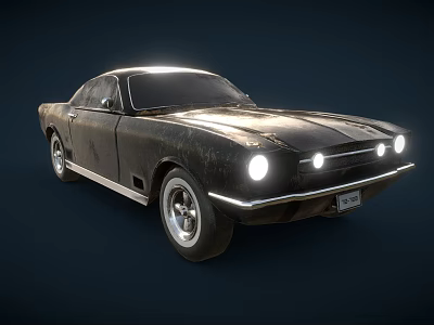 Vintage Black Muscle Car With Classic Body Design And Lit Headlights 3d model