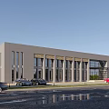 Contemporary Gray Office Building With Glass Windows Columns Street Trees Parked Cars And Clear Sky
