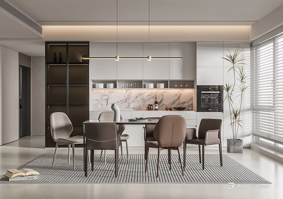 Modern Restaurant Interior With Dining Table Chairs Pendant Lights And Decor Plants 3d model