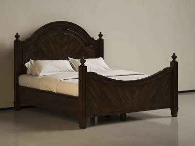 Dark Wooden Double Bed With Carved Headboard Footboard White Pillows Sheets Light Walls Floor 3d model