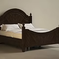 Dark Wooden Double Bed With Carved Headboard Footboard White Pillows Sheets Light Walls Floor