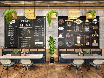 Café Interior With Blackboard Drinks Menus Green Plants Wooden Tables And Chairs 3d model