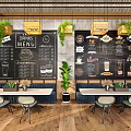 Café Interior With Blackboard Drinks Menus Green Plants Wooden Tables And Chairs